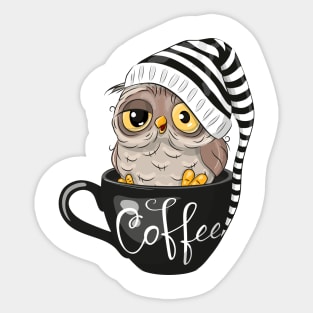 A cute sleepy owl with a nightcap sits in a cup labeled coffee Sticker